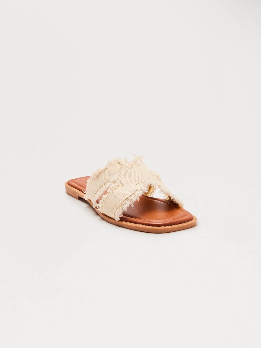 Frayed Canvas Slide Sandals in Cream